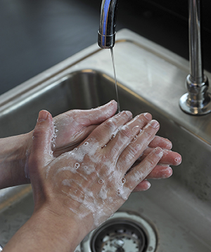 Closeup of hands washing with soap and water in sink.